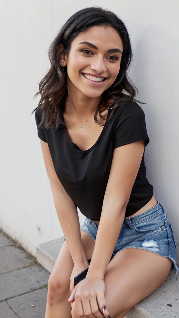 arafed woman sitting on a bench with a black shirt and blue denim shorts, wearing a black t-shirt, black top, wearing a black tshirt, wearing black tshirt, wearing a cropped black tank top, low cut top, wearing a black cropped tank top, short smile, with ripped crop t - shirt, black t shirt, wearing a black shirt