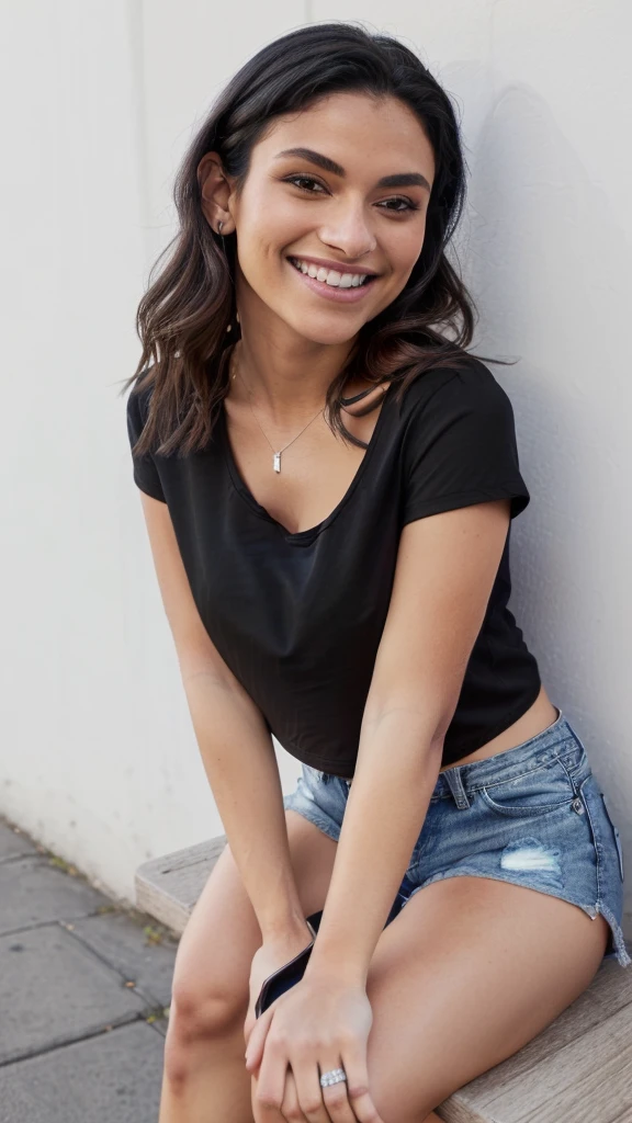 arafed woman sitting on a bench with a black shirt and blue denim shorts, wearing a black t-shirt, black top, wearing a black tshirt, wearing black tshirt, wearing a cropped black tank top, low cut top, wearing a black cropped tank top, short smile, with ripped crop t - shirt, black t shirt, wearing a black shirt