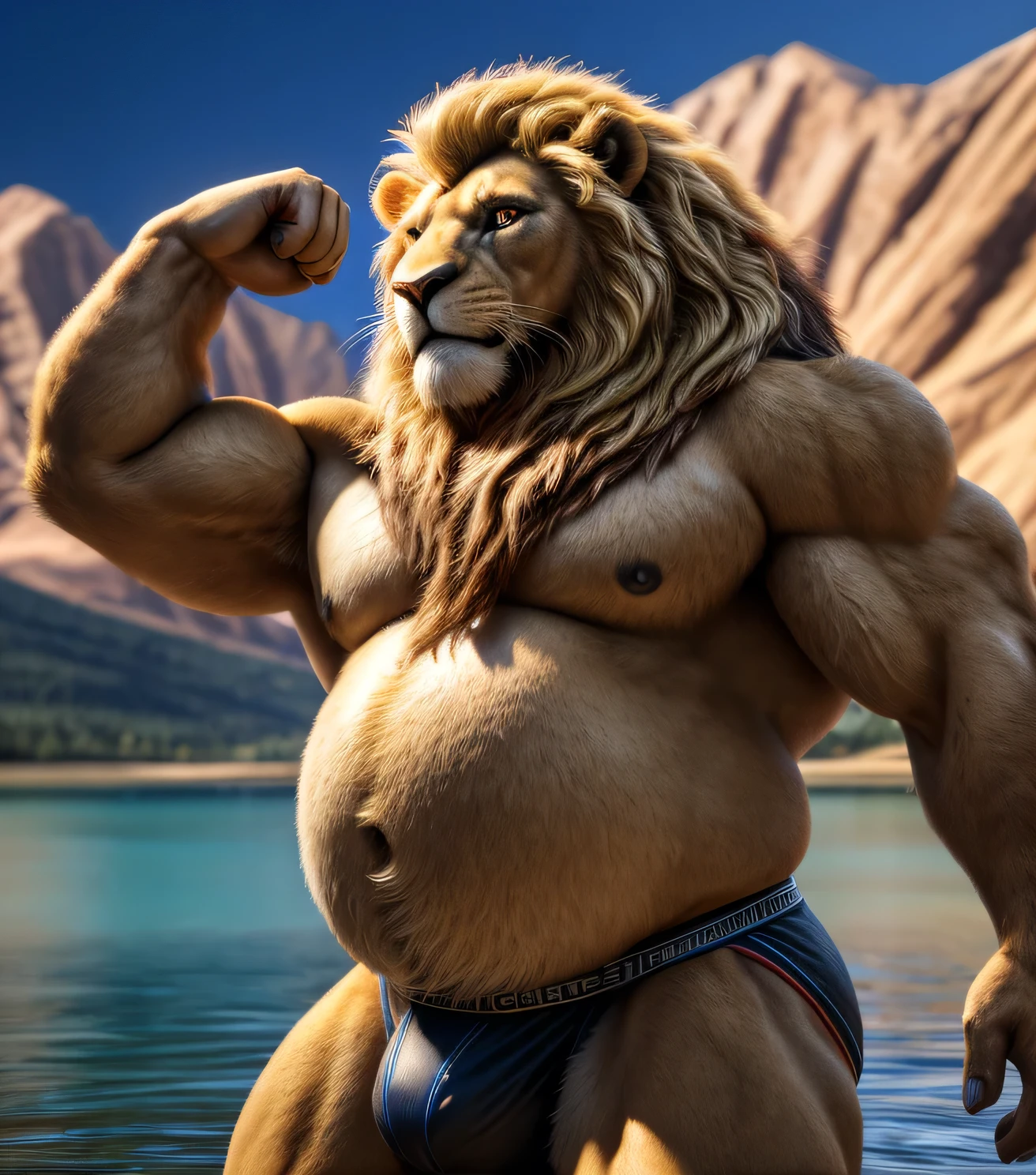 extremely detailed fat male lion with blond mane, extremely detailed eyes, long thick fur, extremely big and fat belly, very very big belly, in jockstrap, photorealistic, 4k, high quality, fine art portrait, dramatic lighting, vivid colors, correct eyes and anatomy, in a mountain lake, flexing arms, face portrait, (best quality,8k,highres,masterpiece:1.2),ultra-detailed,(realistic,photorealistic,photo-realistic:1.37),HDR,UHD,studio lighting,ultra-fine painting,sharp focus,physically-based rendering,extreme detail description,professional,vivid colors,bokeh,cinematic,extremely detailed eyes and face, correct anatomy