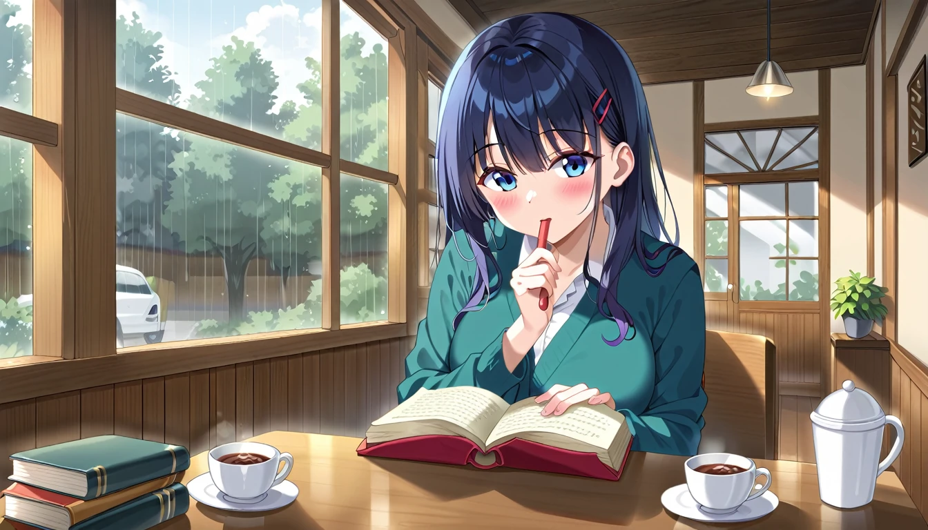 Scene of a cafe with rain falling outside the window, a girl is reading a book while drinking hot chocolate at a window seat, warm light and calm expression are impressive, Japanese anime style