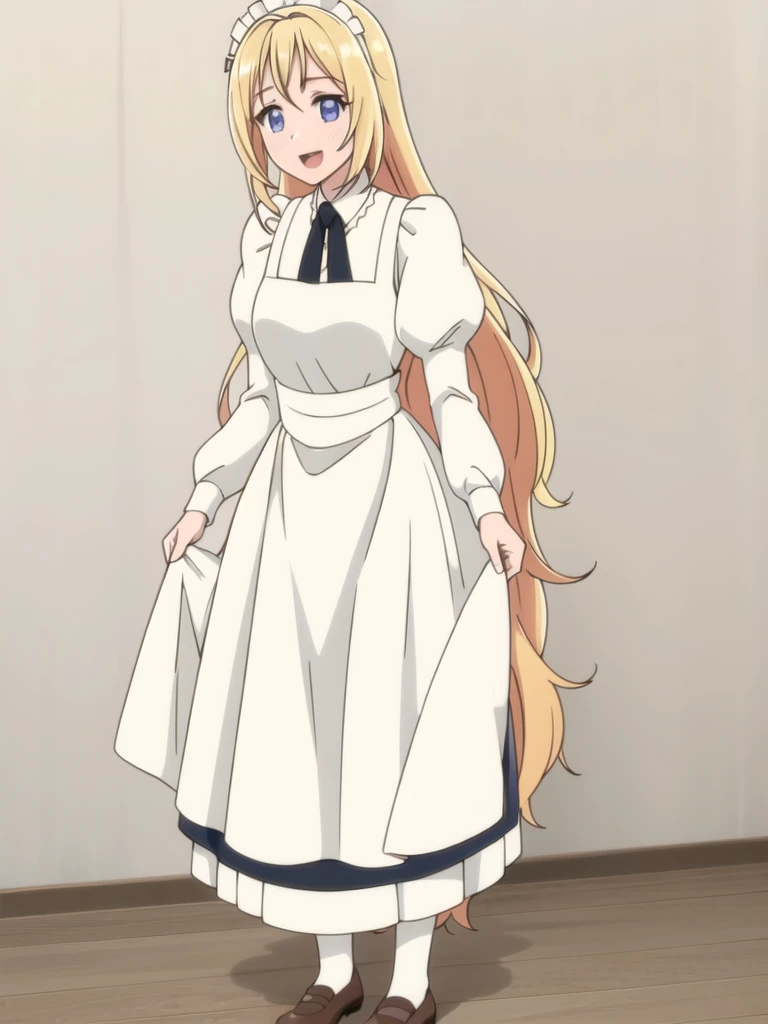 ((Best quality))),((Ultra-detailed)),((illustration)),((Disheveled hair)),((frilld)),(1 girl),(Solo),1girl,lifted_by_self,looking_at_viewer,open_mouth,solo,rating:safe,apron,black_footwear,black_shoes,blonde_hair,blue_eyes,clothes_pull,clothing,:d,female,footwear,legwear,long_hair,maid,maid_apron,makaria,open-mouth_smile,puffy_sleeves,shoes,skirt,skirt_hold,skirt_lift,skirt_pull,maid_skirt,smile,standing,white_legwear,