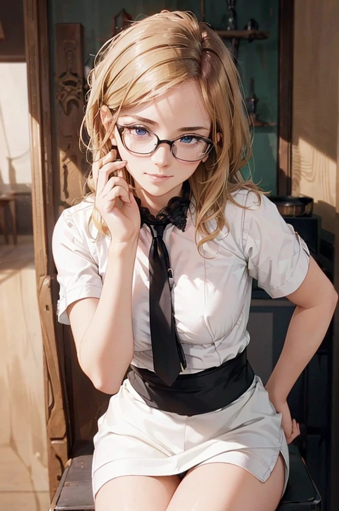A cheerful girl wearing glasses, nerdy, cute, small, pink, small, (blonde), bathroom, pov, best quality, high definition,