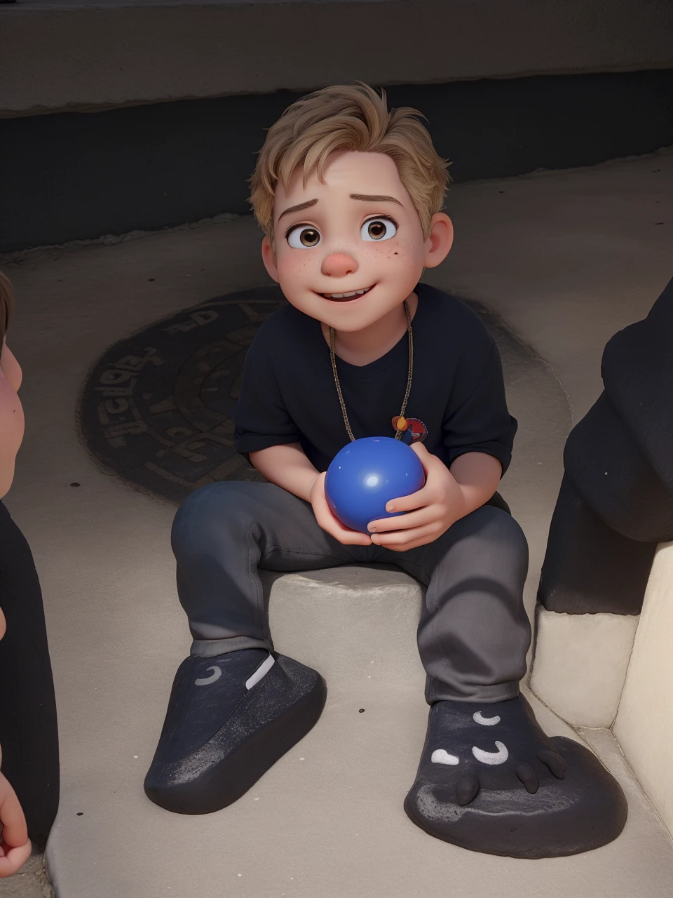 ((best qualityer)), make an image of a staircase on the left side with eight steps and on the first step (mole), make a 3 year old sit and eat a fruit, light blue image background, the boy with the red blouse and shorts