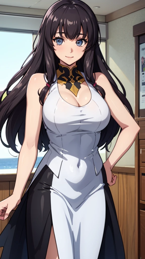 ((Highest quality, 8K, masterpiece :1.3)), One girl, Average-sized beautiful woman: 1.3,{Big Breasts:1.2}, {{{whole body:1.5}}}, (Long Hair, Layered Hair), Oversized tank top: 1.2, Very delicate face, Delicate eyes, double eyelid, smile, Home, Random color clothes