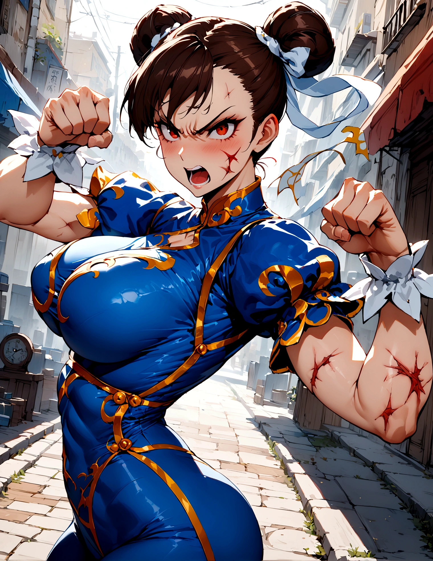 Chun Li, woman solo, hourglass body, large breast, tight outfit, outfit broken, wounds in body, at the street, masterpiece, high detail, fighting pose, angry face