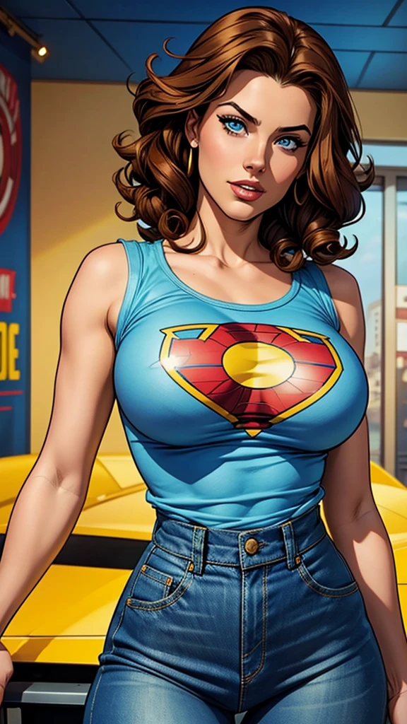 beautiful woman , 21 years old , very beautiful, blue eyes, curly brown hair, denim yellow pans, blue t-shirt, busty. Comic style. Marvel comics style