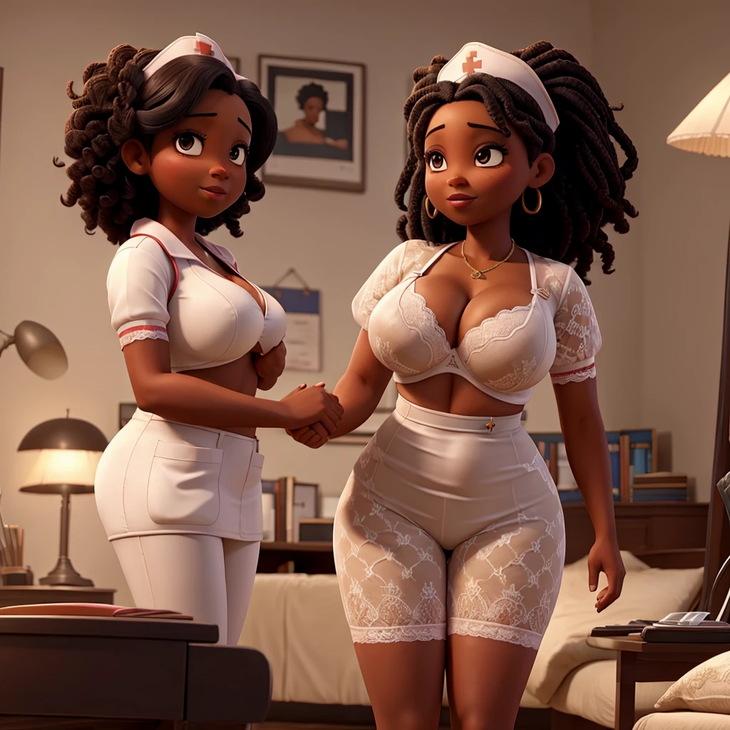 Huge breasted African American nurse in sexy lace bra giving consultation