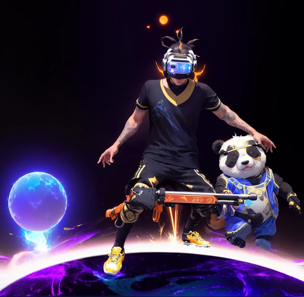 there is a man riding a panda bear on a skateboard, lunar themed attire, mocap, in the style of sifu 🔥 😎 🕹️ 👀 :2, holding a lightsabre. splash art, t-pose of wizard, metaverse concept art, neosvr!!!, deeper into the metaverse we go, vrchat, vr game