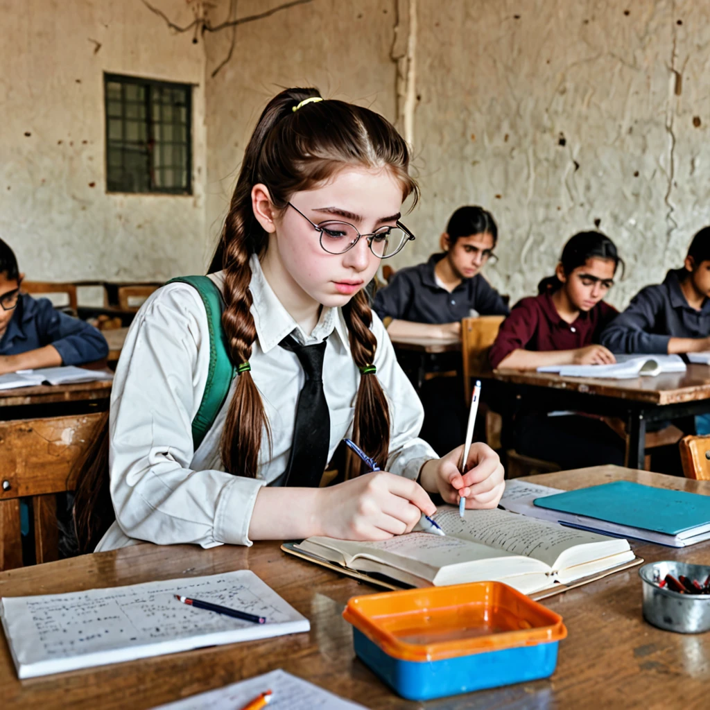 Pale skin ponytail hair Kurdish glasses studying at table tin body