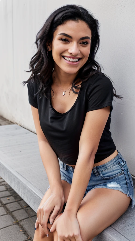 arafed woman sitting on a bench with a black shirt and blue denim shorts, wearing a black t-shirt, black top, wearing a black tshirt, wearing black tshirt, wearing a cropped black tank top, low cut top, wearing a black cropped tank top, short smile, with ripped crop t - shirt, black t shirt, wearing a black shirt