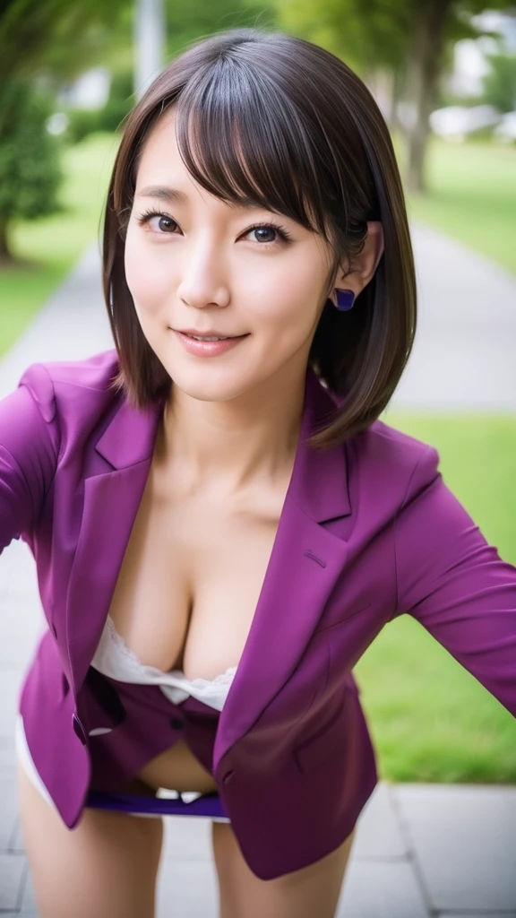 (NSFW),1 female,Beauty,Beautiful face,smile,Crouching and watching the viewer,Office Lady,In a suit,A dignified appearance,Perfect Style,Take off your jacket,Cleavage,break,spread legs,squatting,(show off panty),View from above,Front view,Ultra-realistic,Ultra high definition,Highest quality,8K,Masterpiece