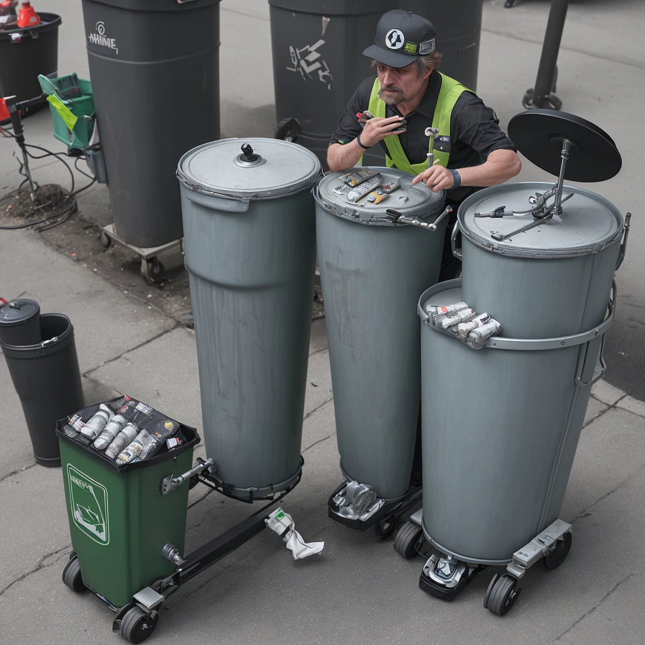 A man dressed as a garbage collector playing the drums, battery made from trash cans