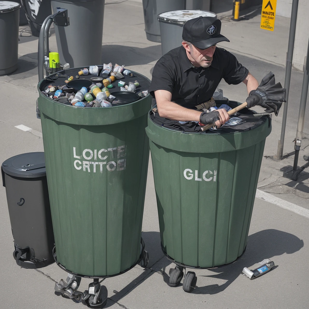 A man dressed as a garbage collector playing the drums, battery made from trash cans 