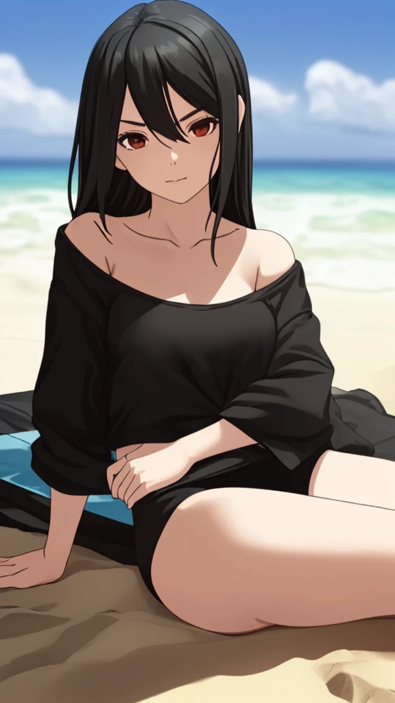 Girl on the beach resting on the sand in a black bikini during the day