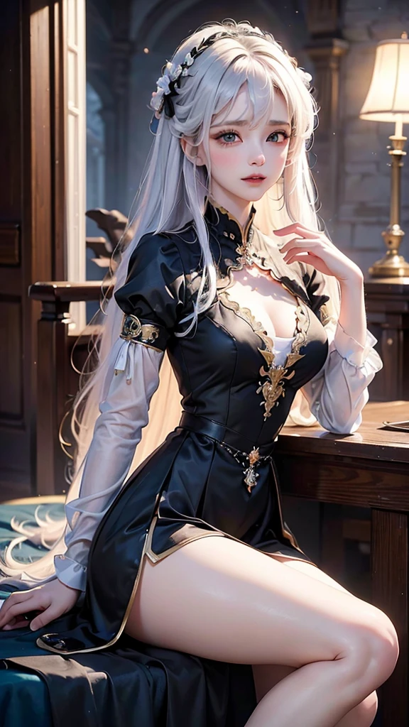 ((masterpiece:1.5,Highest quality,Highly detailed images,Beautiful images、Realistic、Photorealistic、2.5D))(1girl, 独奏)(Adult women、large breasts, white hair, beautiful eyes, Healthy legs、Tight ass、Beautiful cleavage)(Fantasy dresses、Fantasy Clothes、Black battle dress、black dress:1.5, Deep slit)(smile, wind, floating hair)(bright、Soft lighting、Inside the castle、The King's Chamber）
