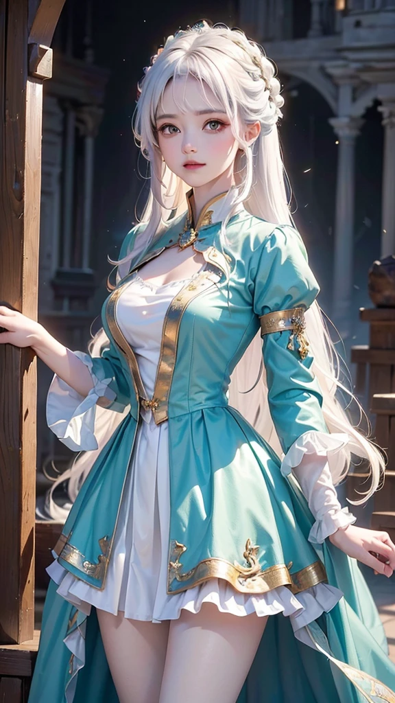 ((masterpiece:1.5,Highest quality,Highly detailed images,Beautiful images、Realistic、Photorealistic、2.5D))(1girl, 独奏)(Adult women、large breasts, white hair, beautiful eyes, Healthy legs、Tight ass、Beautiful cleavage)(Fantasy dresses、Fantasy Clothes、Black battle dress、black dress:1.5, Deep slit)(smile, wind, floating hair)(bright、Soft lighting、Inside the castle、The King's Chamber)