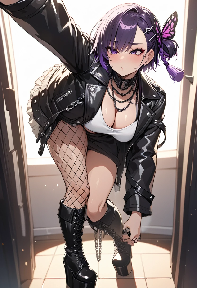 best quality, masterpiece, ultra-detailed, illustration, dynamic pose, shinobu, Shinobu Kocho from demon slayer, (sucking big black cock1;4), butterfly hairpin, purple short hair, (perfectly proportionate body), eyeliner, tired,wearing a leather jacket, adorned with studded accessories, platform boots, layered necklaces, bold patterns, (torn fishnets), dramatic makeup, black nail polish, oversized rings, chains and buckles, black lipstick, busty body, wearing a crop-top, close-up shot, glossy lips, cinematic lighting, volumetric lighting, vibrant colors, ray tracing, 