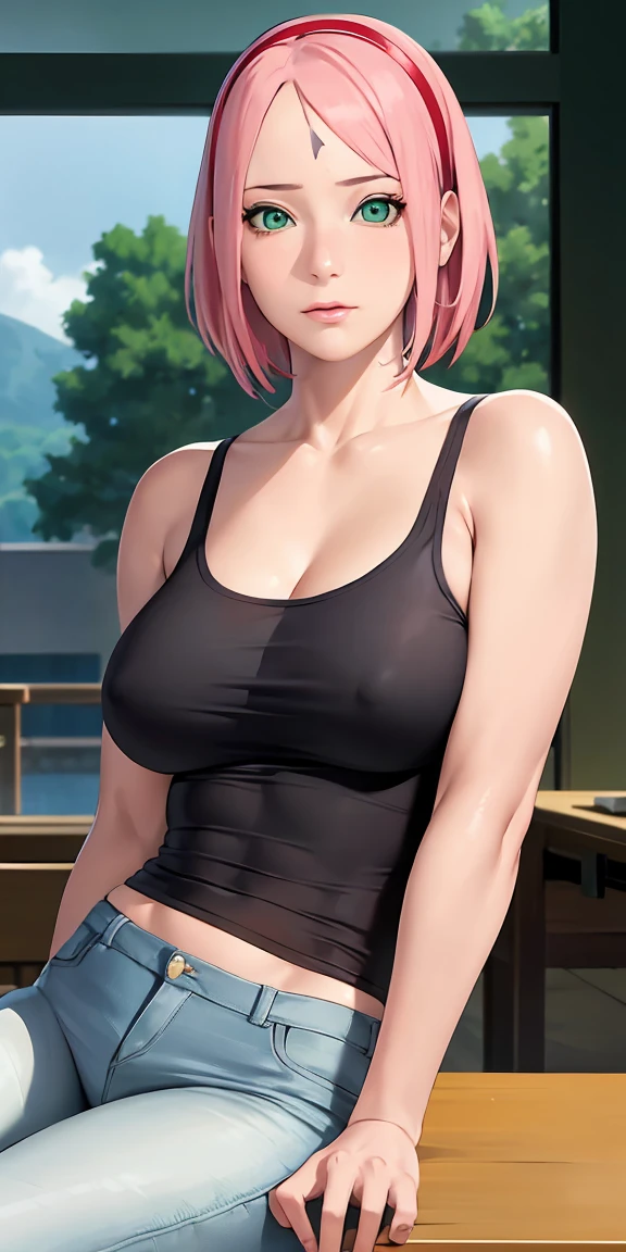 Masterpiece, stunning realistic, best quality,sakura haruno,sitting on a table in a school,hands on table,tanktop, skinny jeans,closeup,only upperbody,front view ,pink hair,green eyes,forehead mark,big breasts,breasts fall out,green eyes,red hairband,forehead mark