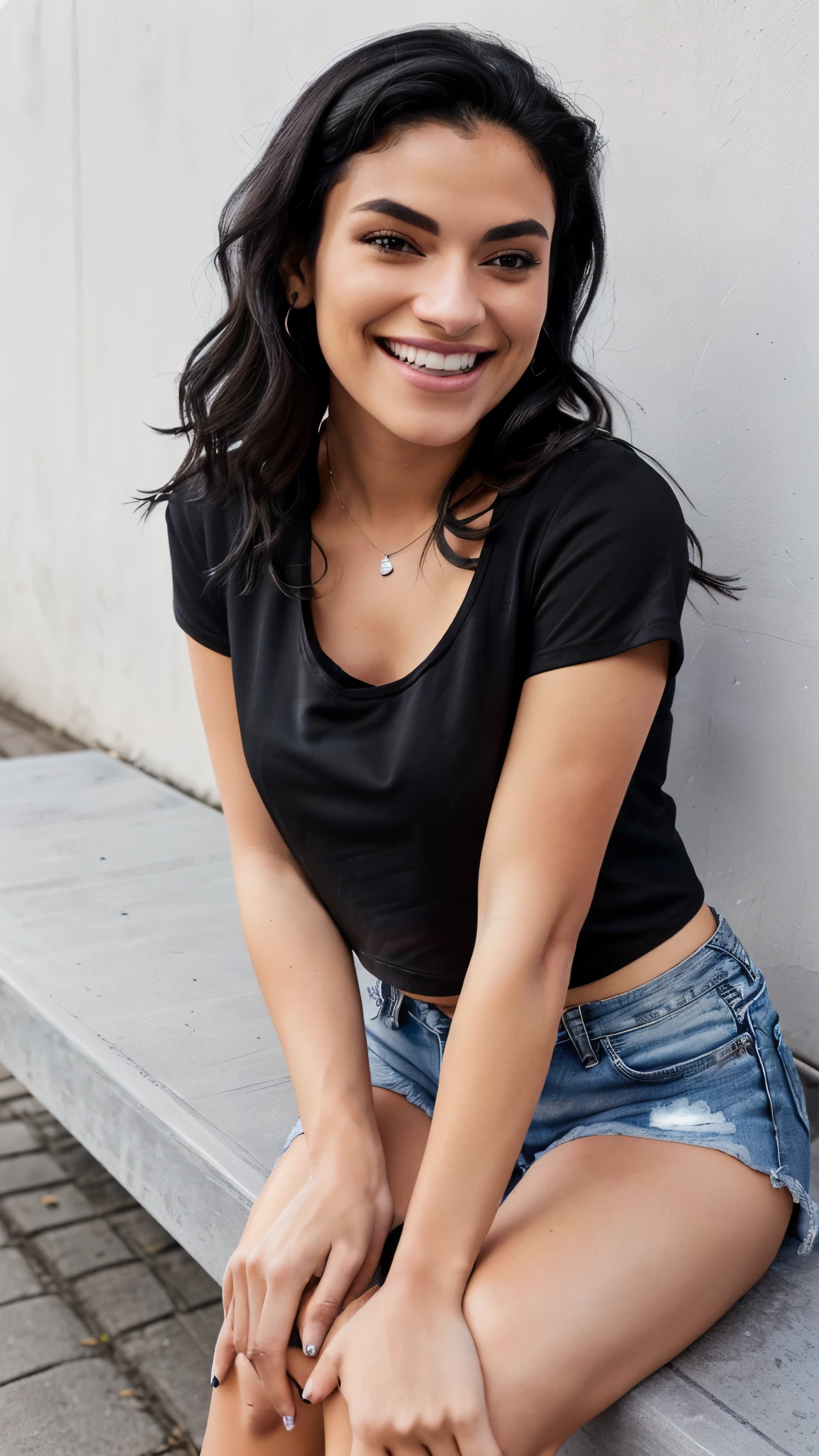 arafed woman sitting on a bench with a black shirt and blue denim shorts, wearing a black t-shirt, black top, wearing a black tshirt, wearing black tshirt, wearing a cropped black tank top, low cut top, wearing a black cropped tank top, short smile, with ripped crop t - shirt, black t shirt, wearing a black shirt