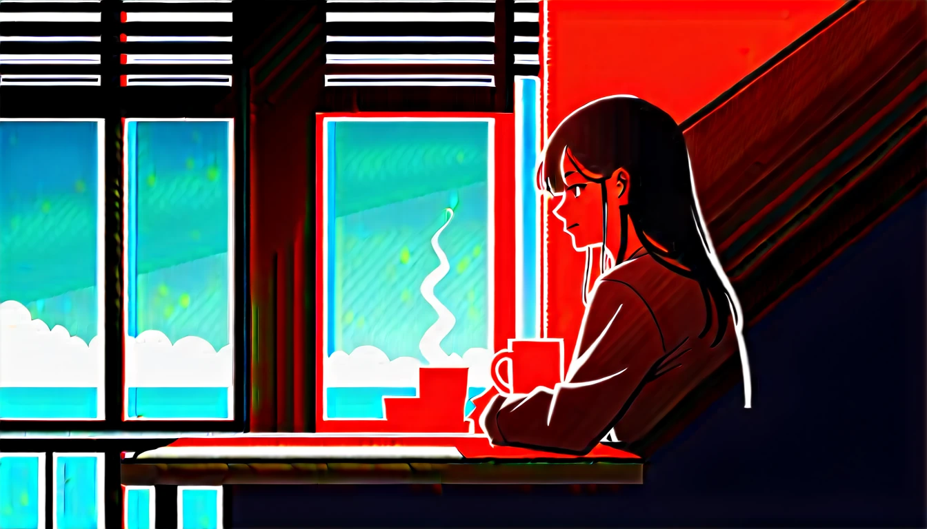 Scene of a cafe with rain falling outside the window, a girl is reading a book while drinking hot chocolate at a window seat, warm light and calm expression are impressive, Japanese anime style