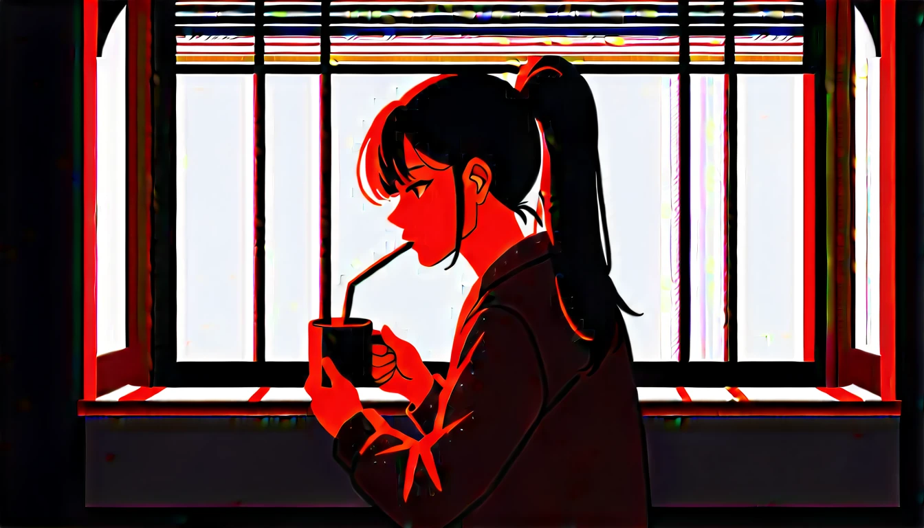 Beautiful redheaded Asian girl sitting in a diner early in the morning, Visible from the window, Perfect Face, sunglasses, Smoking white Taylormade cigarettes, Neon Black, (Backlit: 1.1), Hard Shadows, masterpiece, Highest quality, Complex, Model shooting style, Vintage, Film Grain, Incomplete details、While eating