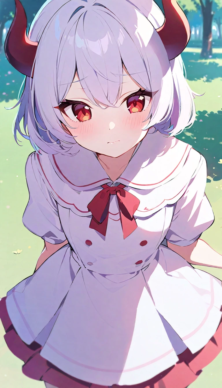 Teenage girl, devil girl, small red horns, white hair, short fluffy hair, big red eyes, pale skin, blushing cheeks, in a , white dress, in the park