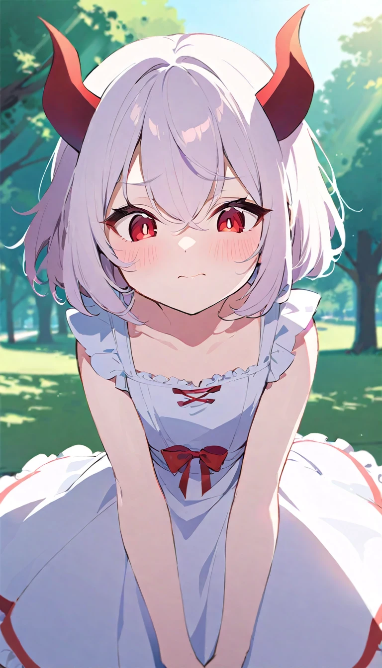 girl, devil girl, small red horns, white hair, short fluffy hair, big red eyes, pale skin, blushing cheeks, in a , white dress, in the park