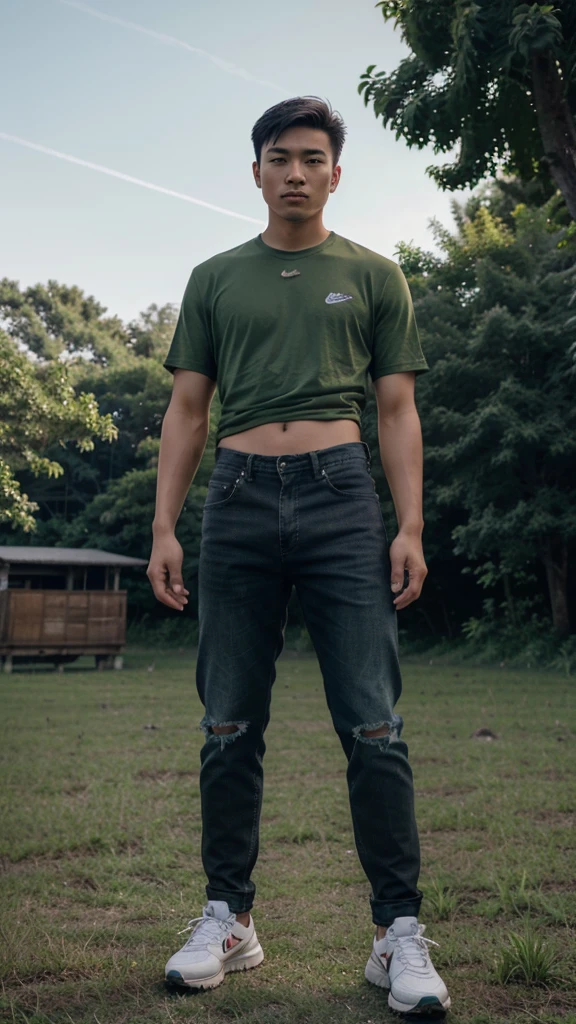 Professional photography, a handsome young asian man, 20 years old, short hair, slightly smiling. Wearing a green t-shirt, black jeans slightly ripped at the knees, nike shoes. Standing in the middle of a rice fiel, treaning an eagle that files to grap a heron