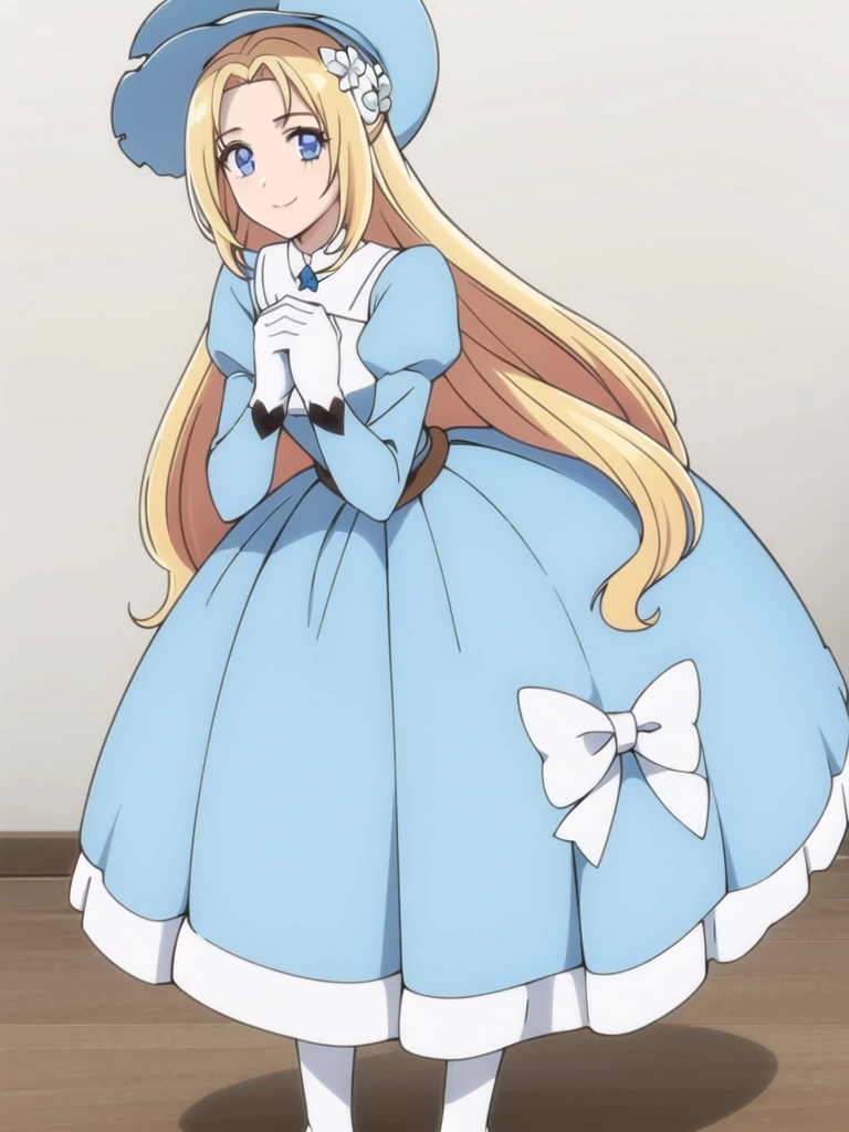 ((Best quality))),((Ultra-detailed)),((illustration)),((Disheveled hair)),((frilld)),(1 girl),(Solo),1girl,flower,hat,rose,solo,standing,white_rose,rating:safe,belt,black_footwear,blonde_hair,blue_dress,blue_eyes,blue_hat,blue_headwear,boots,borzoi,clothing,cross-laced_footwear,dog,dress,female,female_only,footwear,gloves,hat_flower,headwear,long_hair,looking_at_viewer,makaria,smile,white_gloves,