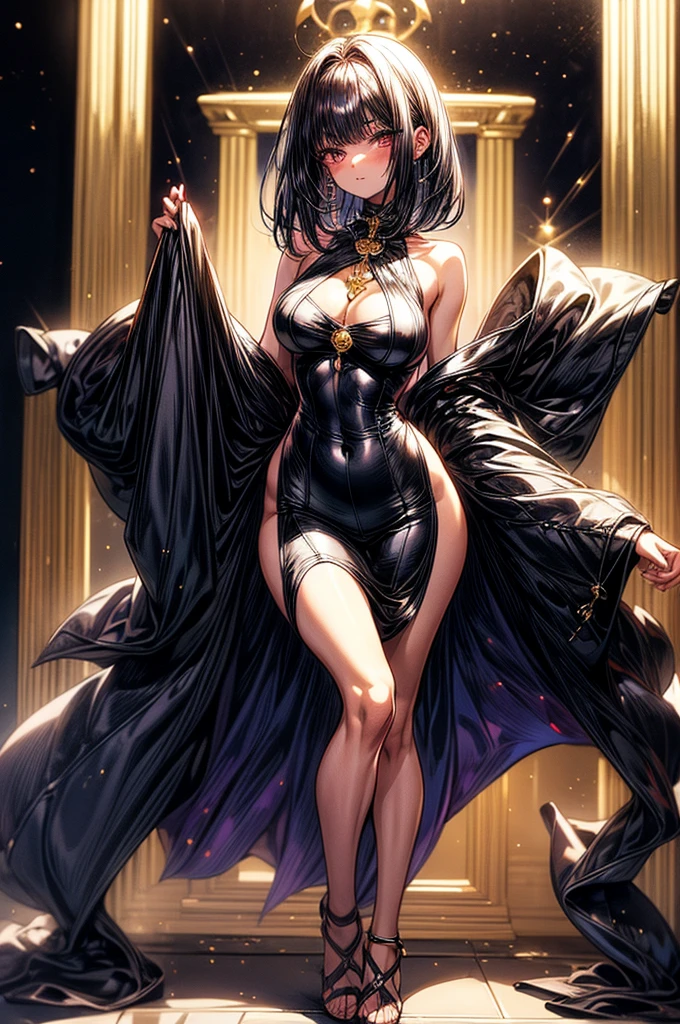 beautiful young anime girl, , oval face, slender and toned hourglass body shape, sharp and noble facial features, arrogant and disdainful expression, classy opulent bedroom, golden silk thigh-length. nightdress , tanned white skin, plump cherry pink lips, thin eyebrows, big round violet-colored eyes, sleek short sleek dark-violet hair with American Pixie cut and small bangs covering her forehead, narrow waist, small wide curvy hips protruding to large perky round ass, sandals, modest C-cup breast size, tall 175cm, full body image, standing straight, looking at camera, hip level shot, huge European castle background, best quality