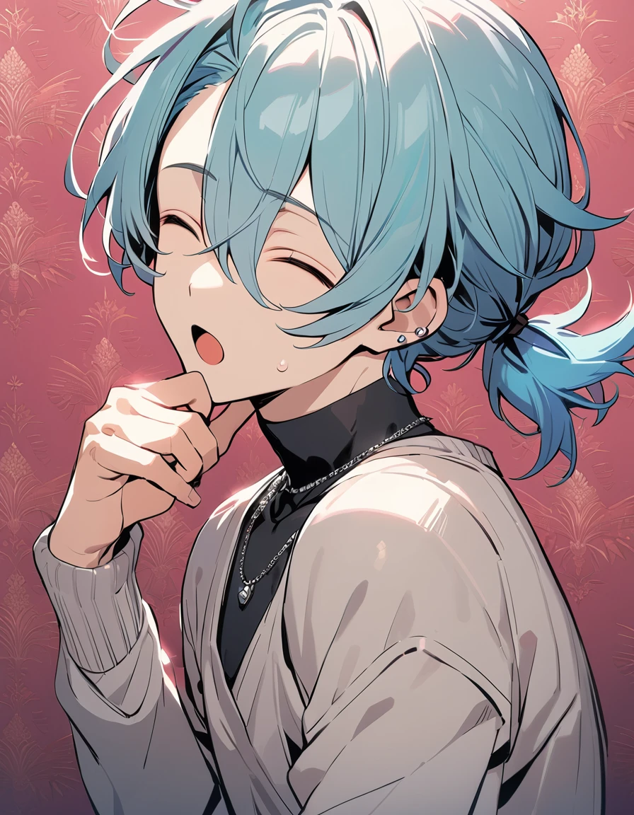 ((((best masterpiece, best quality, wallpaper,)))) solo, guy, male body, small muscles, flat chest, 1male, 30 years old, handsome man, dramatic angle, upper body, looking at viewers, beautiful detailed, finger to mouth, mediumturquoise hair, ((((Lower short ponytail)))), asymmetrical bangs, ((short hair,)) cold expression, ((( closed eyes, ^o^, tareme, droopy eyes,))) perfect face, extremely closed eyes, perfect hands, sharp nose, clear face, black turtleneck, grey cardigan, ((silver piercing, simple silver necklace,)) leggings, pink background color ultrasharp, 8K, masterpiece,