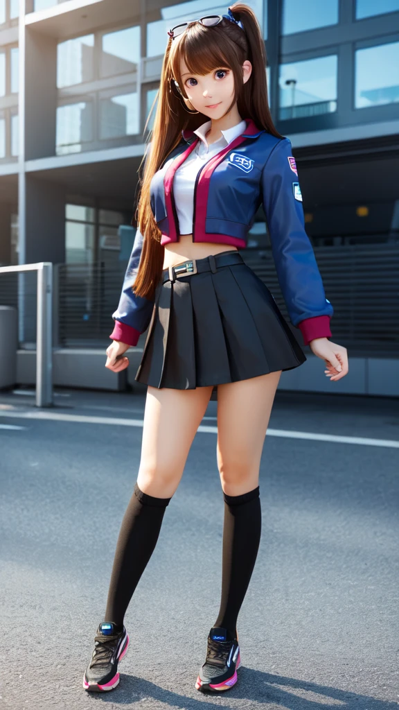 ulzzang-6500-v1.1, (Raw photo:1.2), (Photorealistic:1.4), Beautiful detailed girl, Very detailed eyes and face, Beautiful detailed eyes, Ridiculous, Incredibly ridiculous, Huge file size, Ultra detailed, High Definition, Very detailed, Best quality, Masterpiece, Kemomimi, ((Japan Girls' High School Uniform)), Illustration, Very detailed, CG, unification, 8k wallpaper, fantastic, fine details, masterpiece, best quality, highly detailed cg uniform 8k wallpaper, light on face, movie lighting, 16 year old girl, (((smile)), ((dynamic pose))), (camel toe), (big), (dark blue skirt), (model body type)), dark brown hair color, ponytail hairstyle, dark blue jacket,