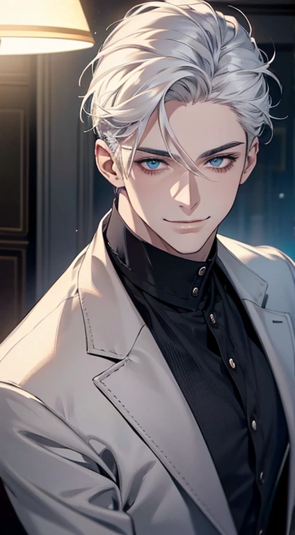 a mature man with short white hair, blue eyes, and a perfect face, smiling in love, CEO, cinematic lighting, 1:4 HDR image, top view, ultra detailed, best quality, masterpiece, 8K, photorealistic, beautiful image