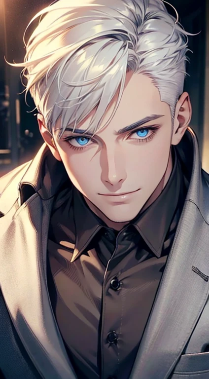 a mature man with short white hair, blue eyes, and a perfect face, smiling in love, CEO, cinematic lighting, 1:4 HDR image, top view, ultra detailed, best quality, masterpiece, 8K, photorealistic, beautiful image
