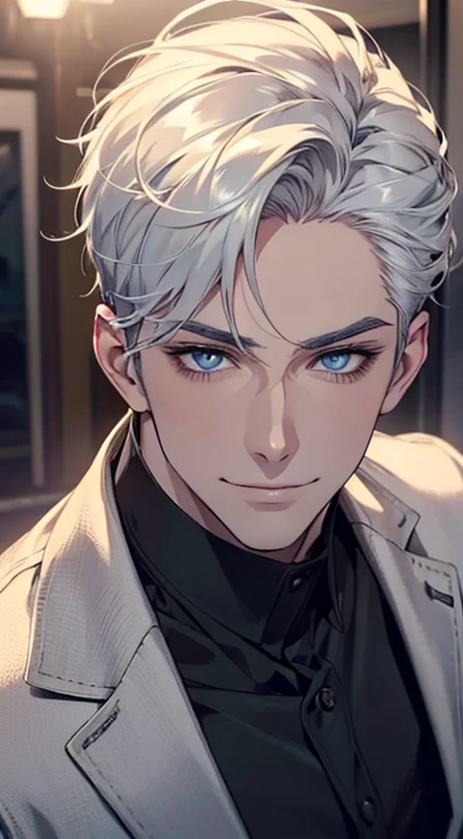 a mature man with short white hair, blue eyes, and a perfect face, smiling in love, CEO, cinematic lighting, 1:4 HDR image, top view, ultra detailed, best quality, masterpiece, 8K, photorealistic, beautiful image