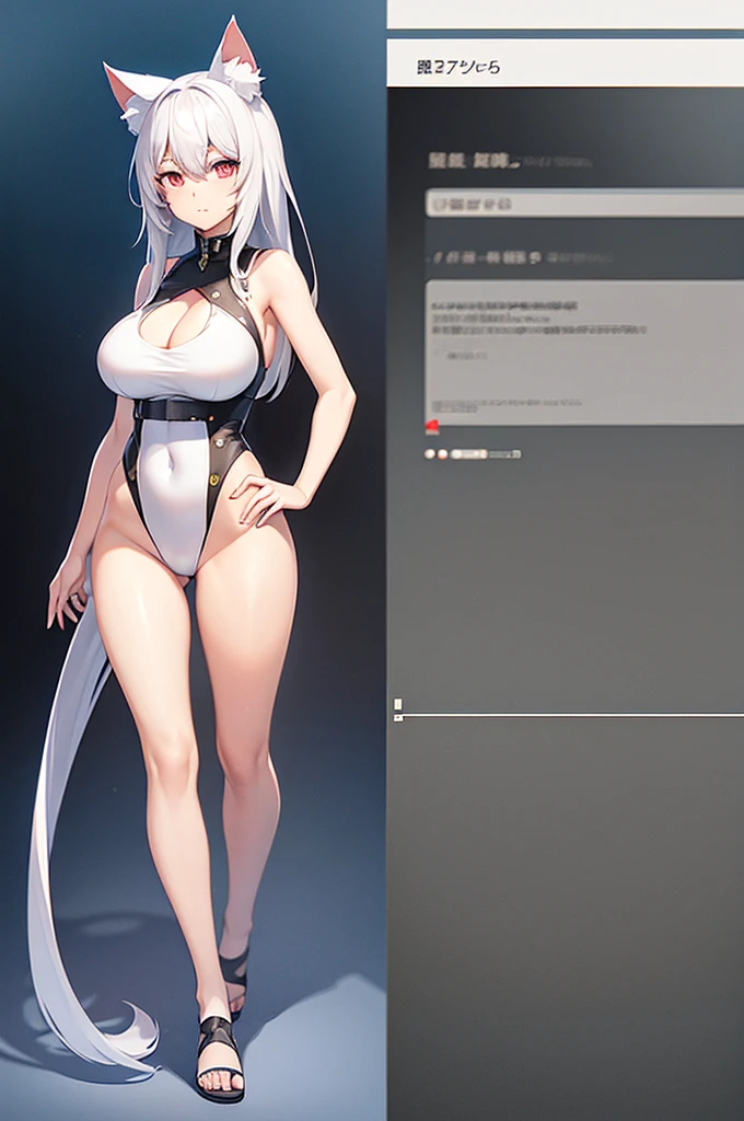 Make a full body character with 2D graphics based on current anime 4k-8k The character is 22 years old. Mature body with big breasts and curves. Eyes red, white cat ears, long white hair down to the ankles. Cat&#39;s furry tail. The outfit is a mix of traditional Japanese kimono, Qipao chines stylized in a cyberpunk way. The colors of the clothes are predominantly white with details of blood red and gold.. With sock 3/4 black and white, sandalhas ninja estilo cyberpunk.