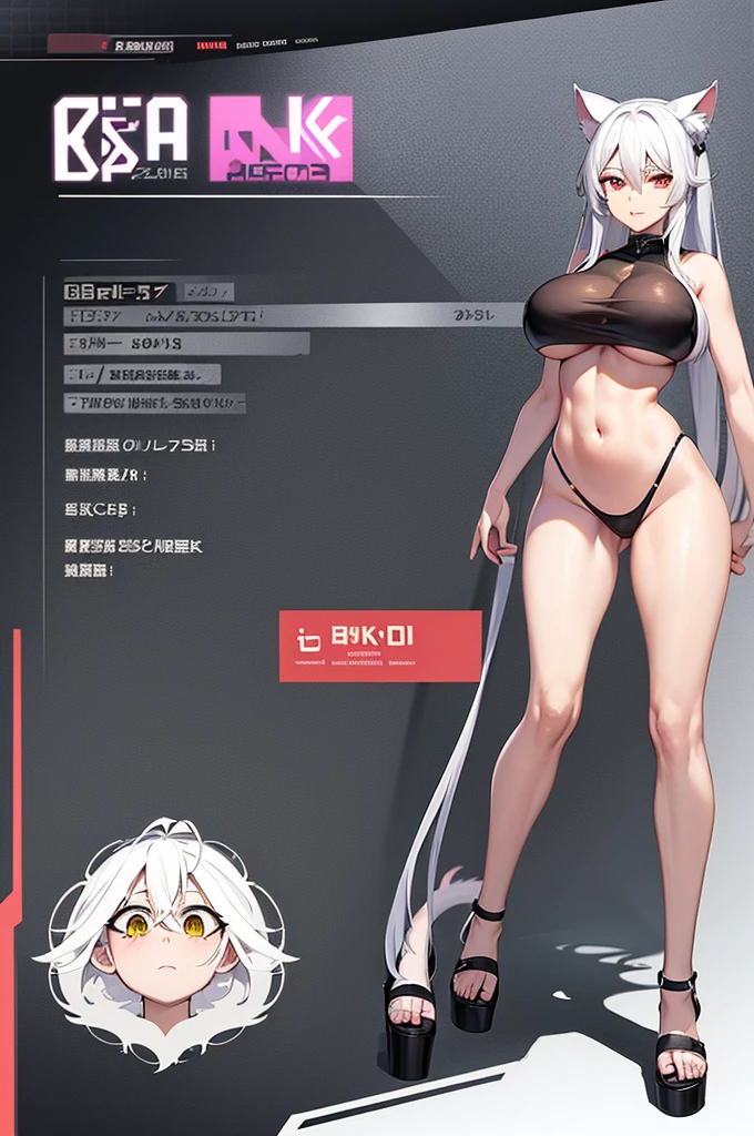 Make a full body character with 2D graphics based on current anime 4k-8k The character is 22 years old. Mature body with big breasts and curves. Eyes red, white cat ears, long white hair down to the ankles. Cat's furry tail. The outfit is a mix of traditional Japanese kimono, Qipao chines stylized in a cyberpunk way. The colors of the clothes are predominantly white with details of blood red and gold.. With sock 3/4 black and white, sandalhas ninja estilo cyberpunk.