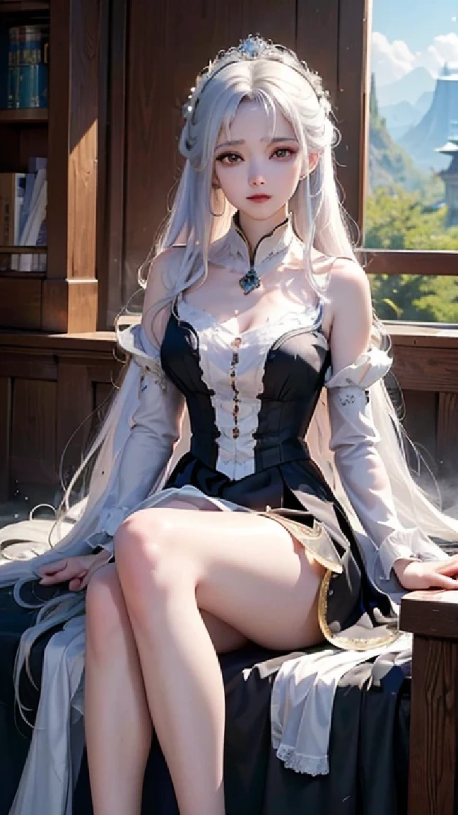 ((masterpiece:1.5,Highest quality,Highly detailed images,Beautiful images、Realistic、Photorealistic、2.5D))(1girl, solo)(Adult women、large breasts, white hair, beautiful eyes, Healthy legs、Tight ass、Beautiful cleavage)(Fantasy dresses、Fantasy Clothes、Black battle dress、black dress:1.5, Deep slit)(smile, wind, floating hair)(bright、Soft lighting、Inside the castle、The King's Chamber）
