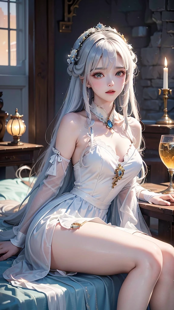 ((masterpiece:1.5,Highest quality,Highly detailed images,Beautiful images、Realistic、Photorealistic、2.5D))(1girl, 独奏)(Adult women、large breasts, white hair, beautiful eyes, Healthy legs、Tight ass、Beautiful cleavage)(Fantasy dresses、Fantasy Clothes、Black battle dress、black dress:1.5, Deep slit)(smile, wind, floating hair)(bright、Soft lighting、Inside the castle、The King's Chamber)
