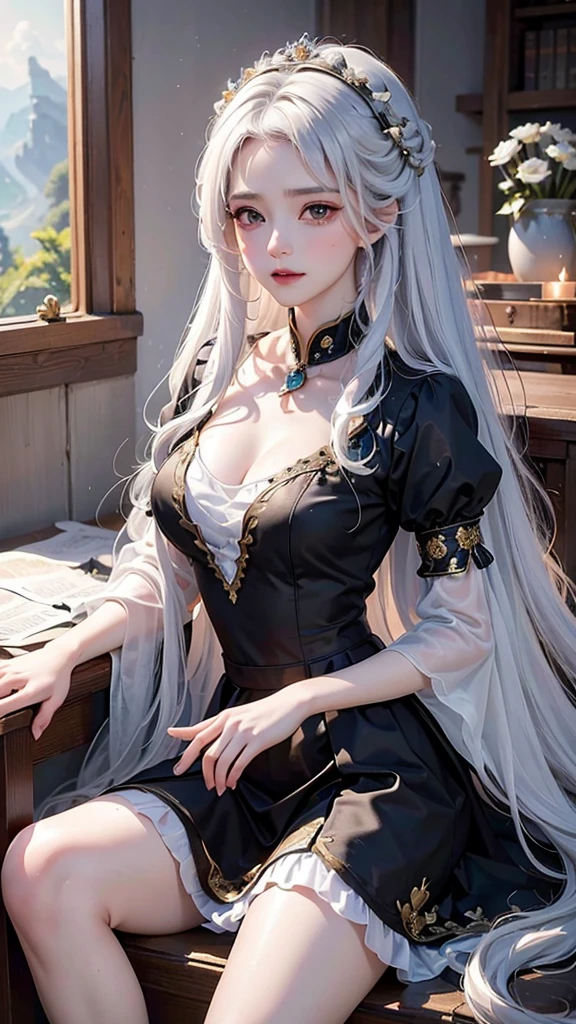 ((masterpiece:1.5,Highest quality,Highly detailed images,Beautiful images、Realistic、Photorealistic、2.5D))(1girl, 独奏)(Adult women、large breasts, white hair, beautiful eyes, Healthy legs、Tight ass、Beautiful cleavage)(Fantasy dresses、Fantasy Clothes、Black battle dress、black dress:1.5, Deep slit)(smile, wind, floating hair)(bright、Soft lighting、Inside the castle、The King's Chamber）
