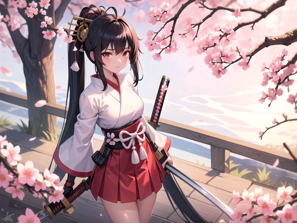 Cute samurai girl with sword, Cherry blossom tree in the background