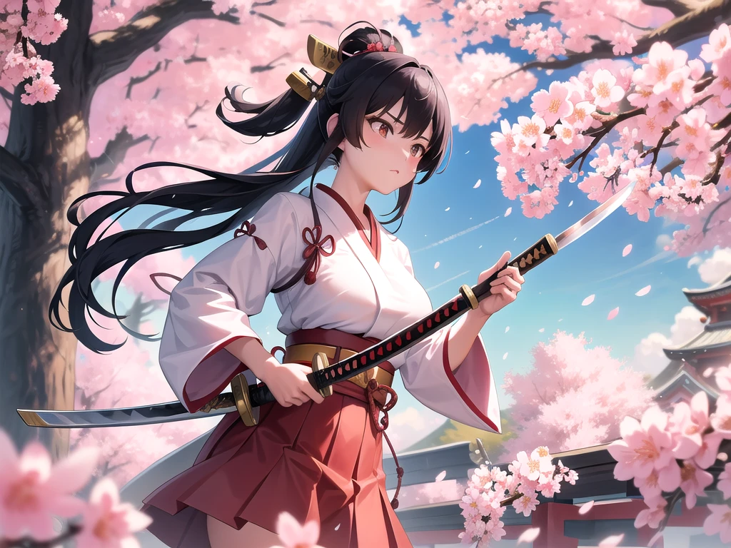a cute samurai girl with her bloody katana sword, with cherry blossom tree in the background