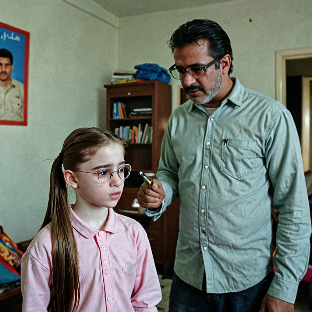 Pale skin ponytail hair Kurdish glasses teen talking with her father in room