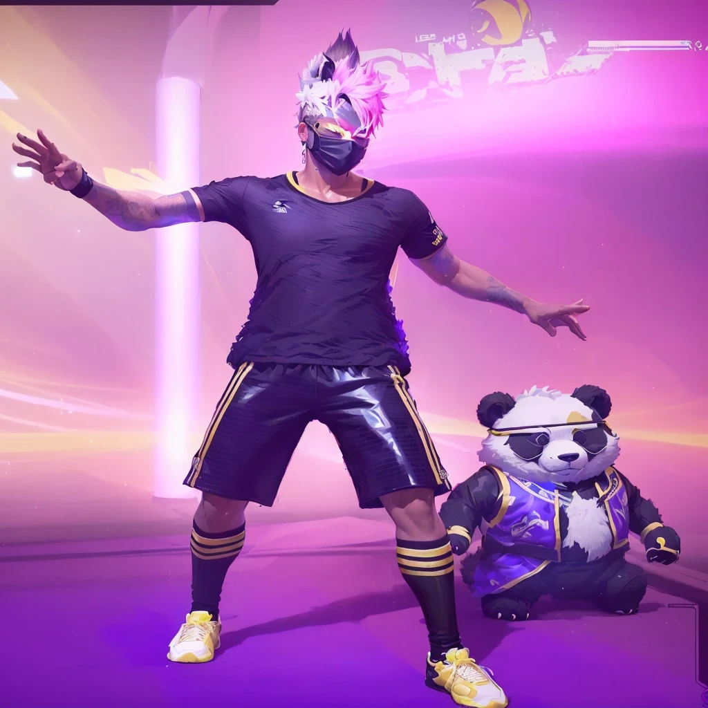 there is a man in a black shirt and a panda bear, in the style of sifu 🔥 😎 🕹️ 👀 :2, lunar themed attire, dancing in the background, neymar in fortnite, doing a hot majestic pose, fashion gameplay screenshot, saints row fursuit tails mod, doing a majestic pose, he is dancing, chrome outfit, dribble contest winner