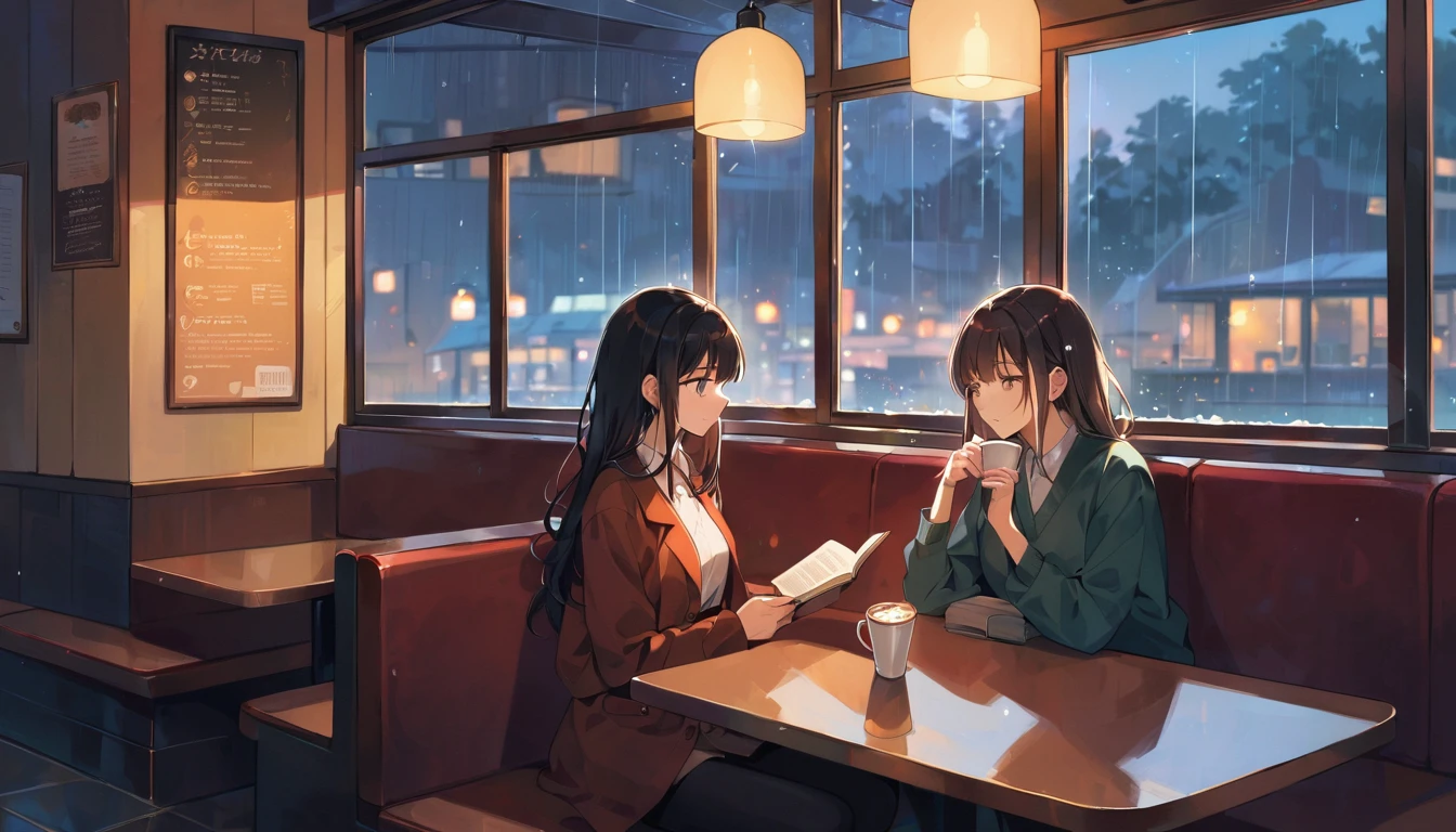 Scene of a cafe with rain falling outside the window, a girl is reading a book while drinking hot chocolate at a window seat, warm light and calm expression are impressive, Japanese anime style