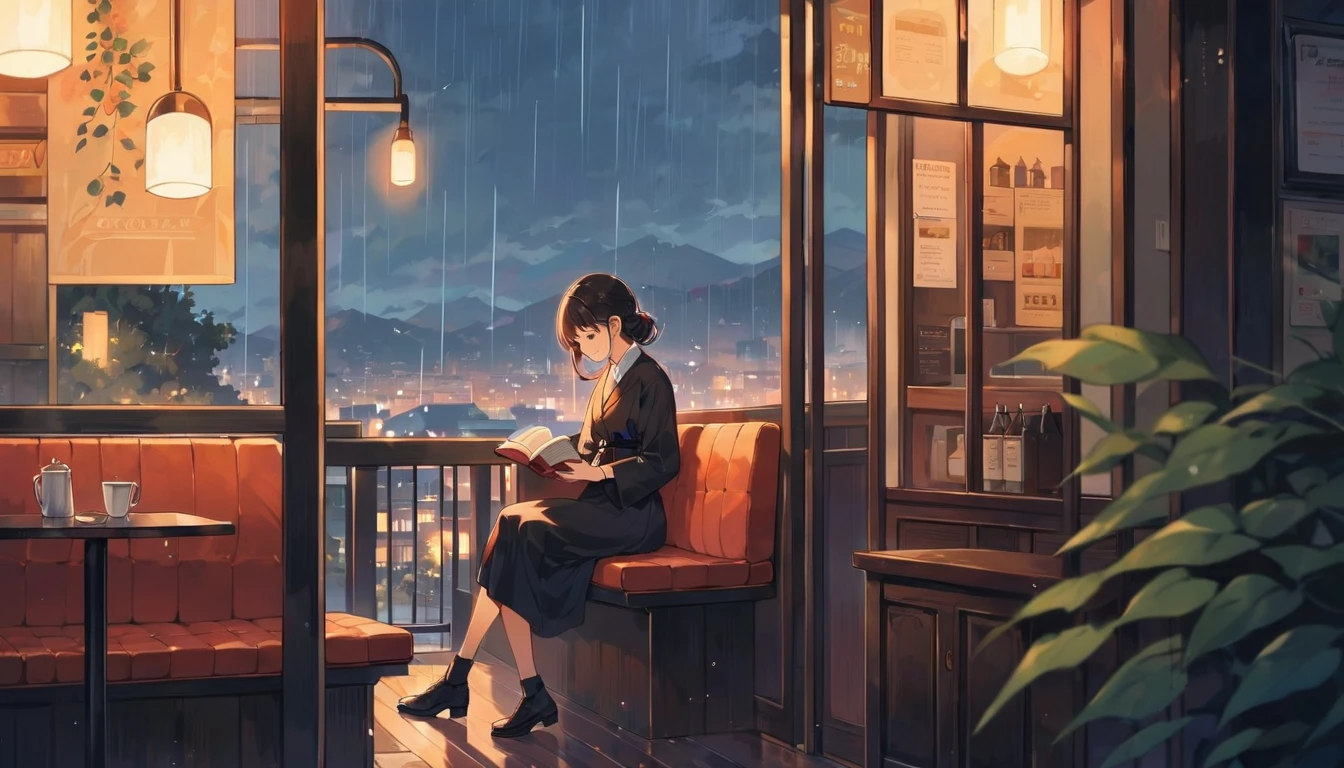 Scene of a cafe with rain falling outside the window, a girl is reading a book while drinking hot chocolate at a window seat, warm light and calm expression are impressive, Japanese anime style