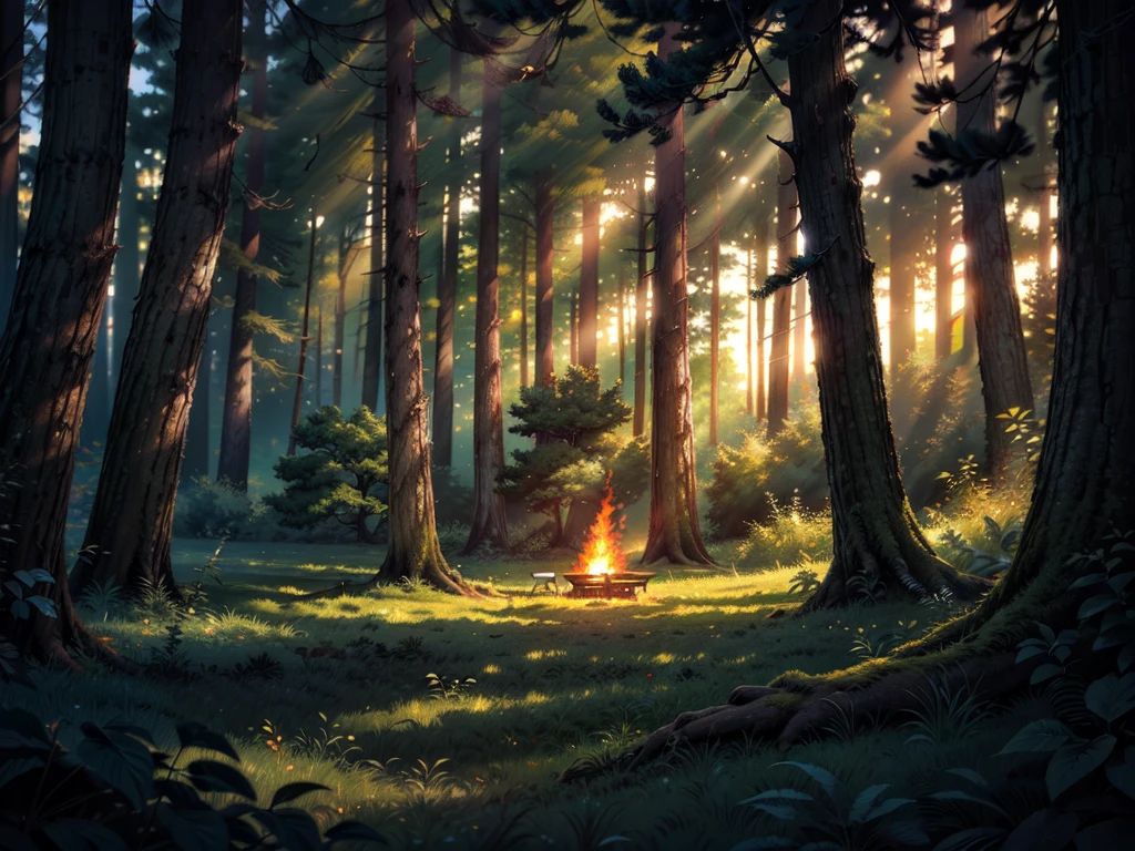 ultra-detailed, (best quality:1.2), (ultra highres:1.1), high resolution, enigmatic, sunny day, ray of lights, 16k, unreal engine, UHD, photorealistic, twilight in the deciduous forest, blurred trees in the background, a forest clearing, a lonely spreading old tree, a bonfire is burning under it