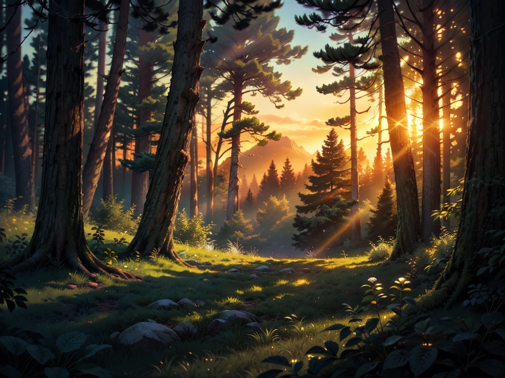 ultra-detailed, (best quality:1.2), (ultra highres:1.1), high resolution, enigmatic, sunny day, ray of lights, 16k, unreal engine, UHD, photorealistic, twilight in the deciduous forest, blurred trees in the background, a forest clearing, a lonely spreading old tree, a bonfire is burning under it