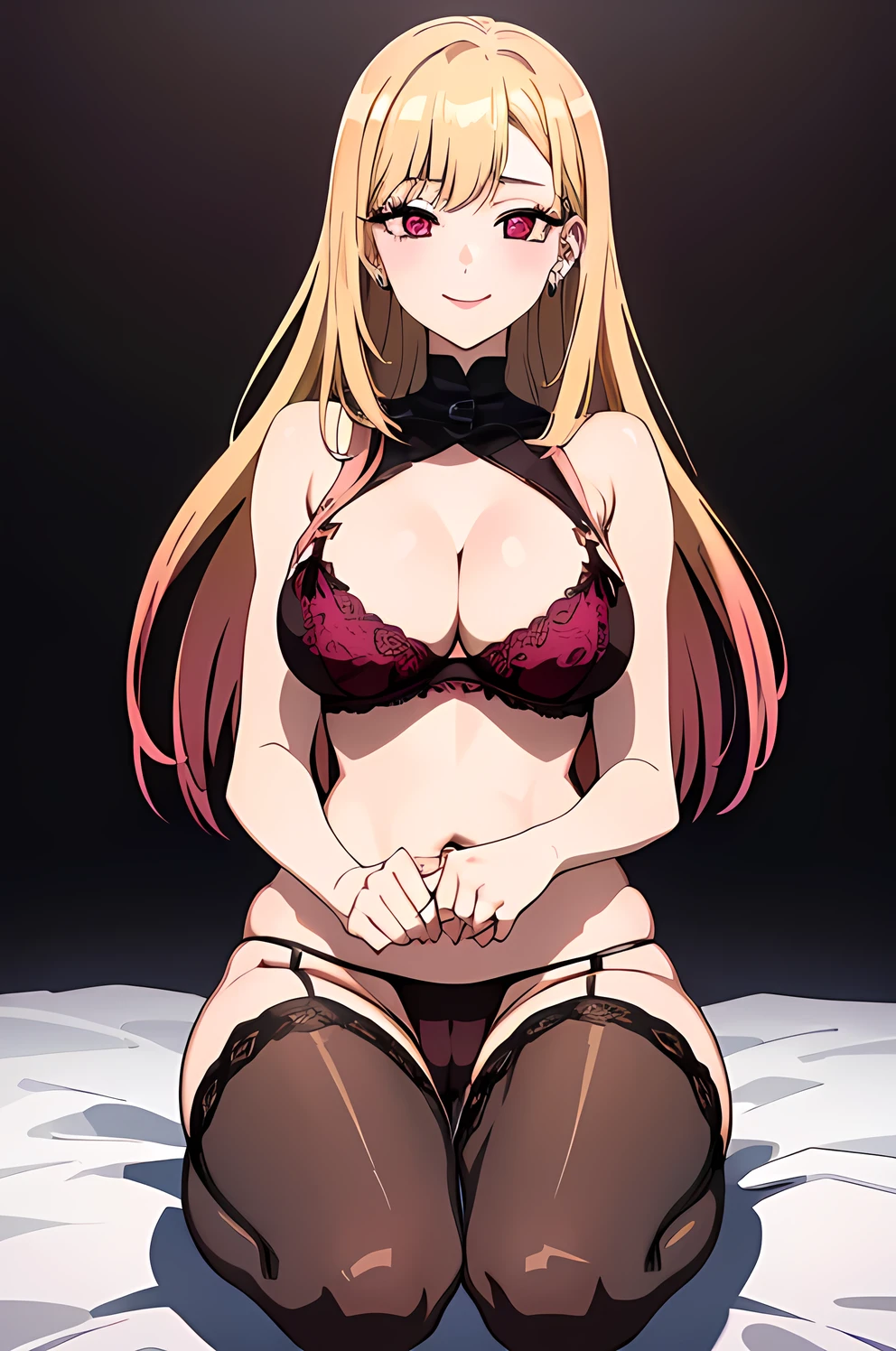 extremely detailed CG unity 8k wallpaper), (masterpiece), (best quality), (ultra-detailed), (best illustration), (best shadow), (absurdres), 1girl, solo, pefrect face, perfect eyes, shining breasts, close the camera, perky tits, cleavage, mediumbreasts, seductive smile, from front, pink lace bra, pink lace panties, pink lace lingerie, cameltoe, no cloth, no clothes, only lingerie, lingerie, lingerie, bra, panties, kitagawa marin, 1girl, blonde hair, long hair, multicolored hair, red eyes, jewelry, earrings, piercing, tights