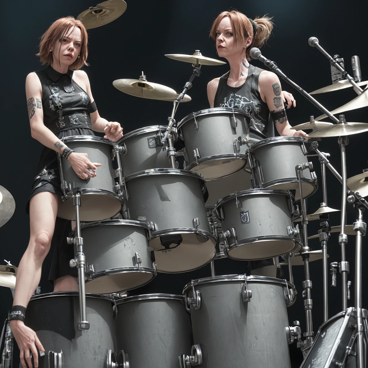 A rock band drummer ,garbage collector dress,on a stage 
